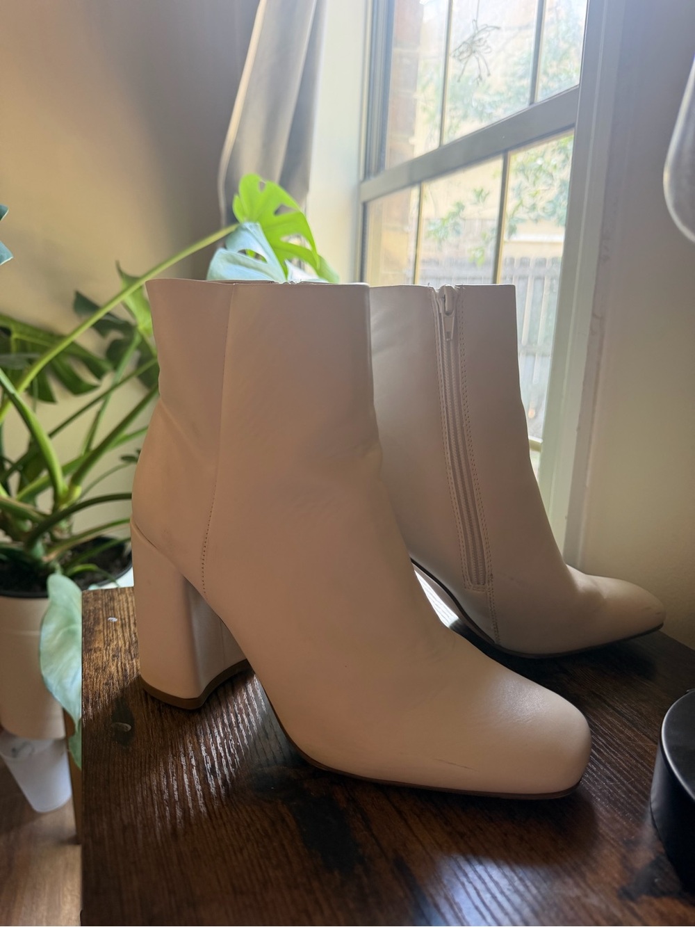 Women's Cream Ankle Boot with Block Heel